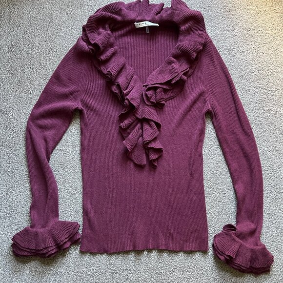 Trina Turk Ribbed Ruffle Trim V-Neck Wine Pullover Cotton Blend Sweater - Picture 3 of 11